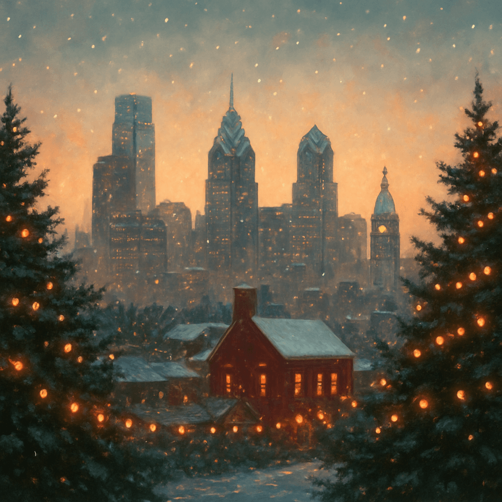 Snowy Philadelphia skyline on a festive winter morning