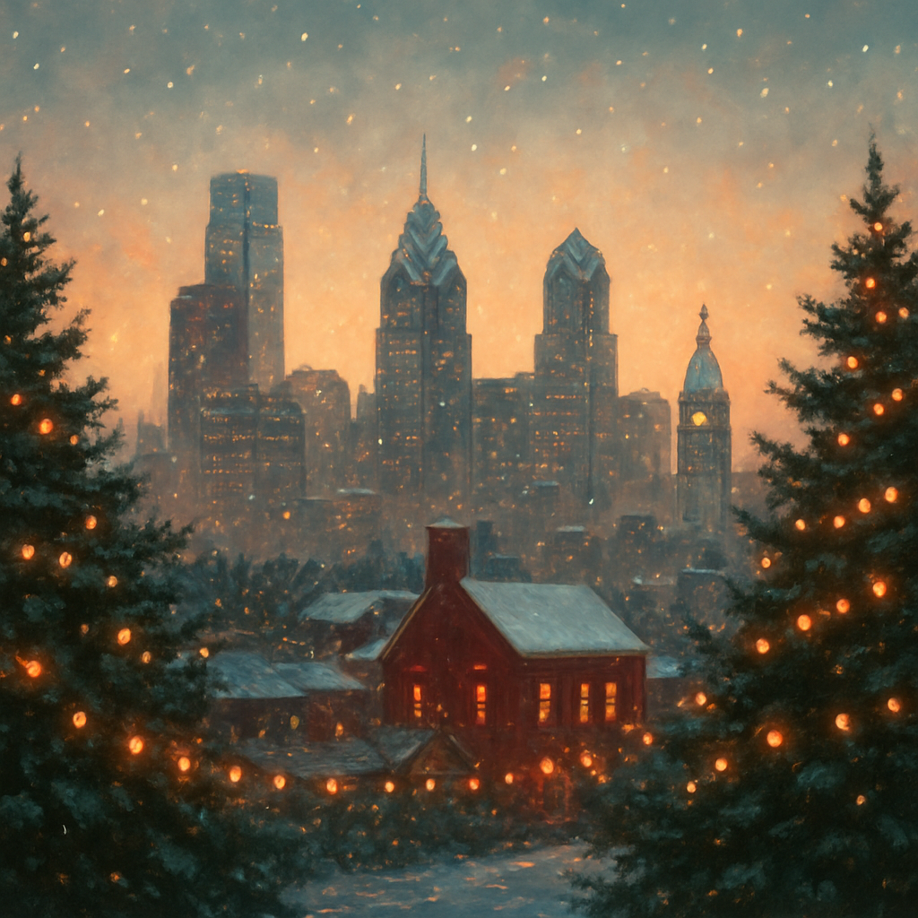 Snowy Philadelphia skyline on a festive winter morning